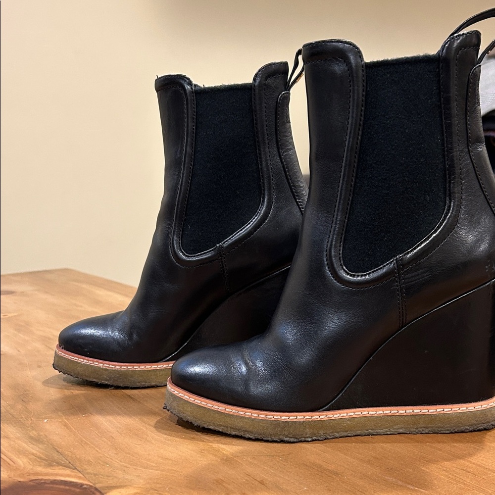 Veronica Beard Black Leather Wedge Boots